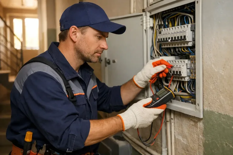 Электрик проверяет распределительный щит в жилом доме