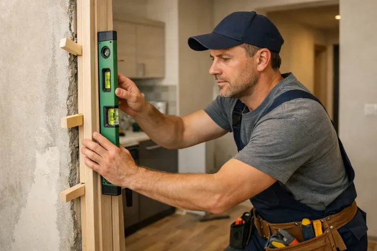 Строитель устанавливает дверной проём