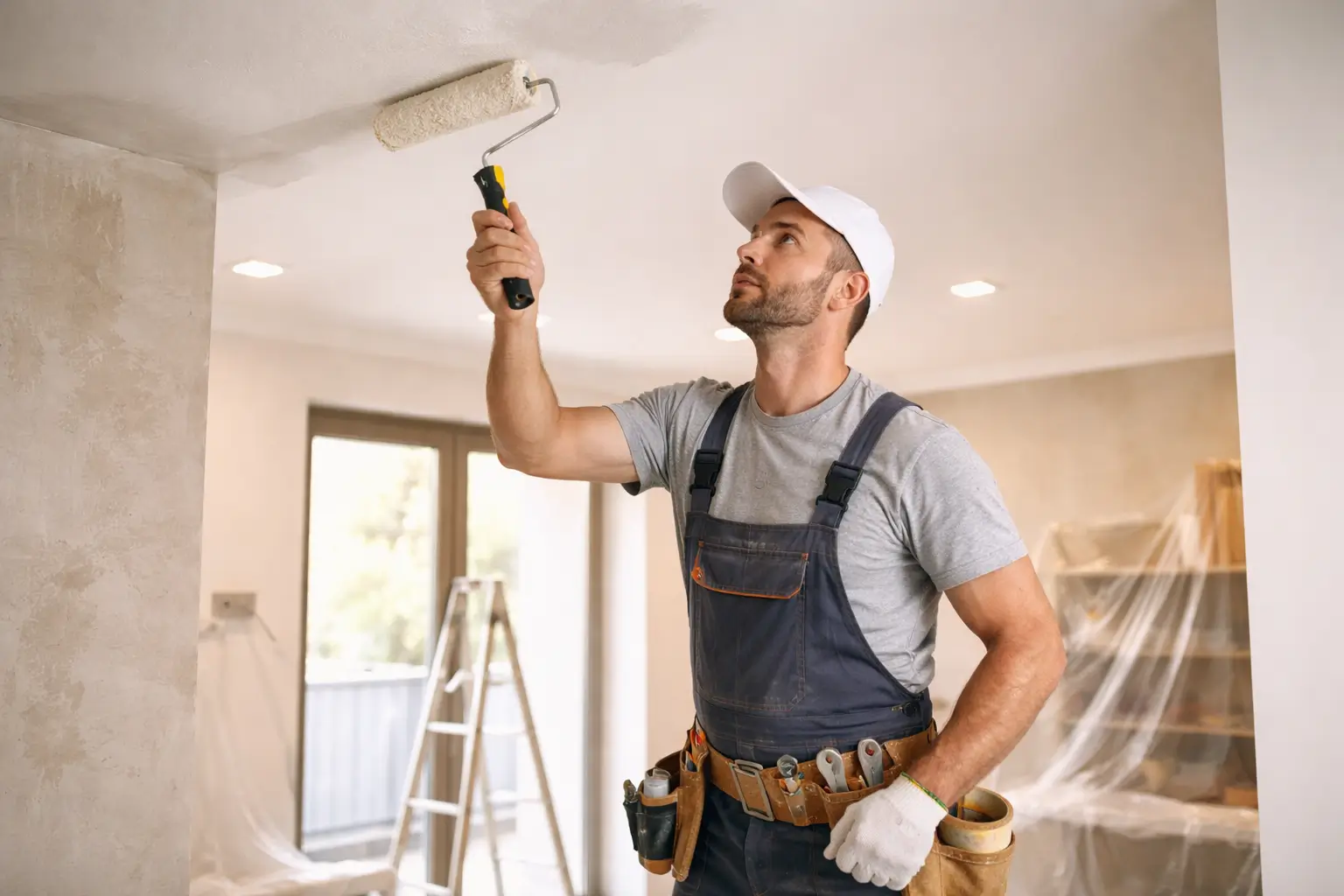 Отделочник красит потолок в помещении