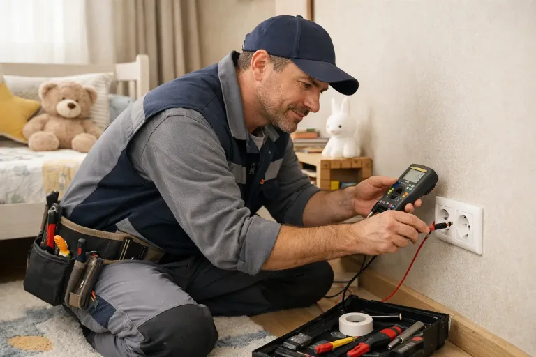 Электрик проверяет розетки в комнате