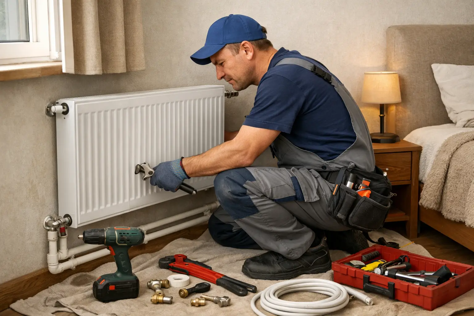 Сантехник устанавливает радиатор отопления