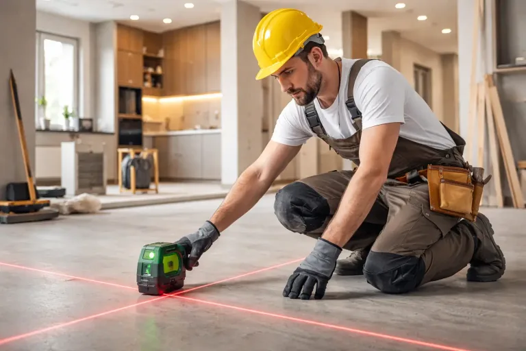 Строитель проверяет уровень пола