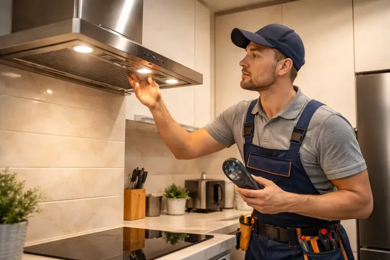 Мастер проверяет работу кухонной вытяжки