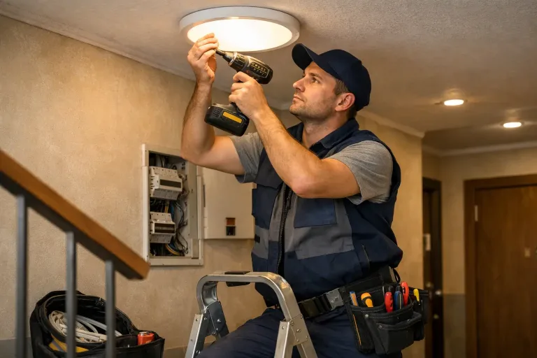Электрик устанавливает светильник в подъезде