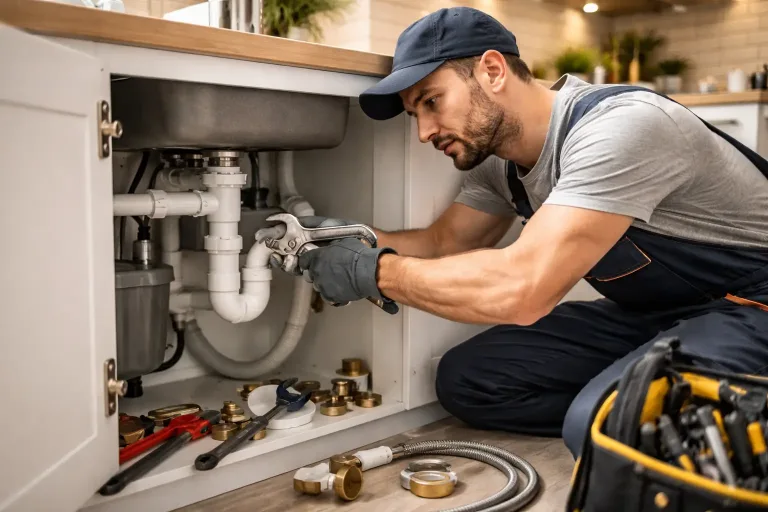 Сантехник выполняет ремонт труб на кухне