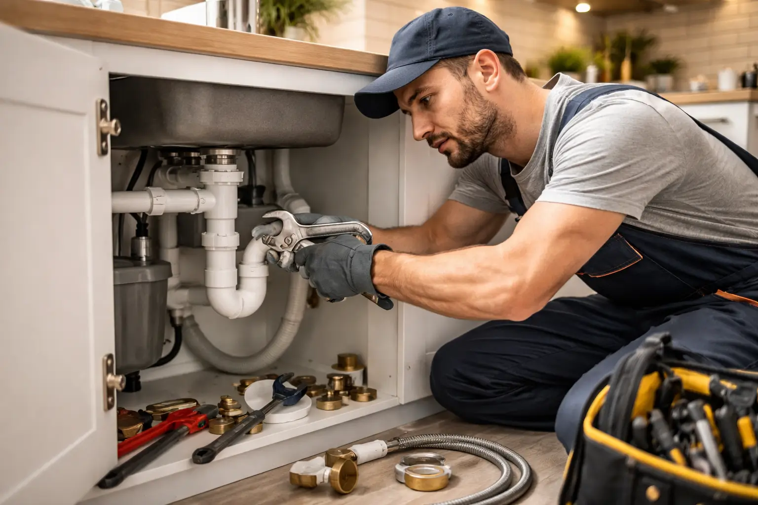 Сантехник выполняет ремонт труб на кухне