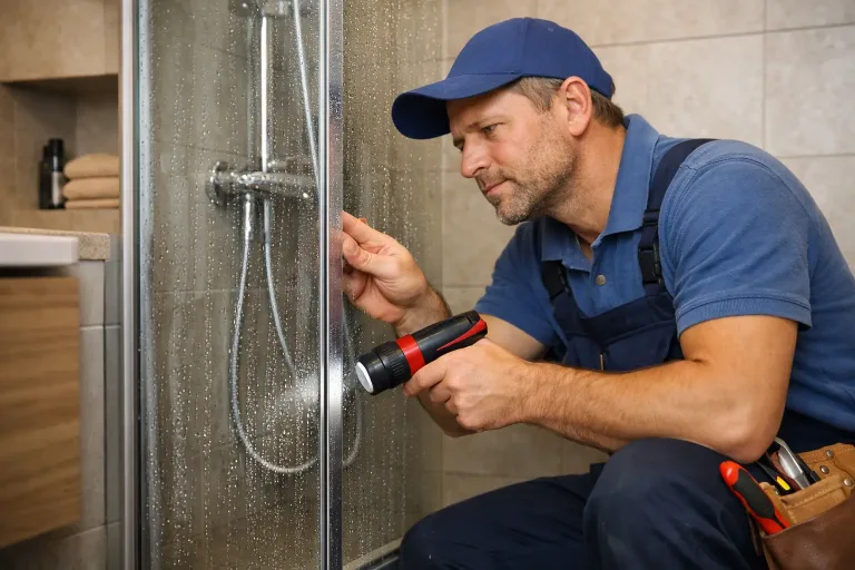 Сантехник проверяет душевую кабину после установки
