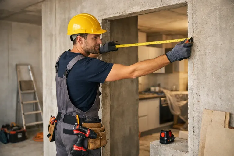 Строитель измеряет помещение перед ремонтом
