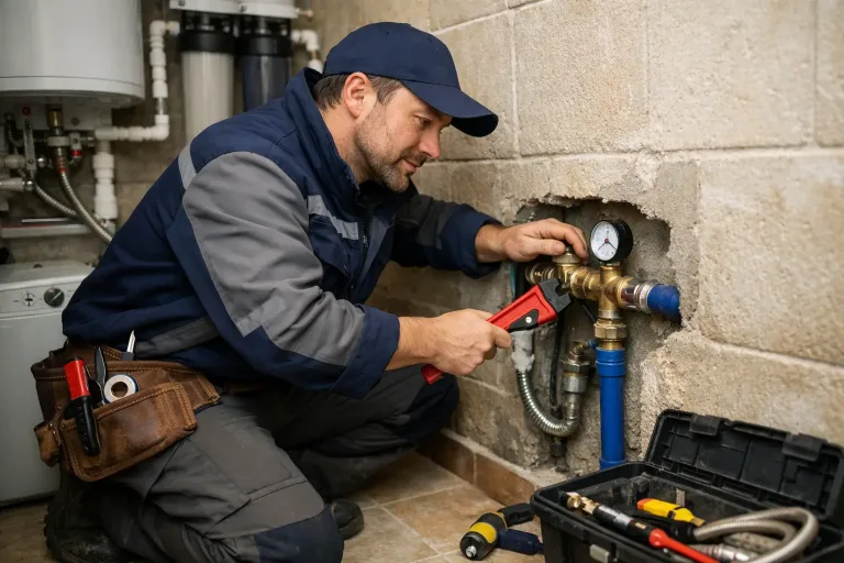 Сантехник проверяет водопроводный ввод в дом